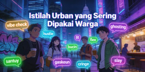 Ilustrasi anime anak muda kota Indonesia nongkrong di jalanan urban dengan speech bubbles istilah slang seperti vibe hustle ghosting santuy bucin untuk panduan pengalaman nyata warga kota.