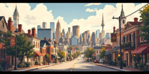 Ilustrasi animasi gaya komik yang menggambarkan perkembangan kota di Indonesia dari pelabuhan tradisional hingga kawasan urban modern.