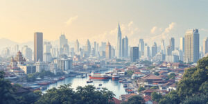 Ilustrasi animasi gaya komik yang menggambarkan perkembangan kota di Indonesia dari pelabuhan tradisional hingga kawasan urban modern.