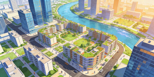 ilustrasi struktur kota modern, vector urban, tata ruang, zonasi kota